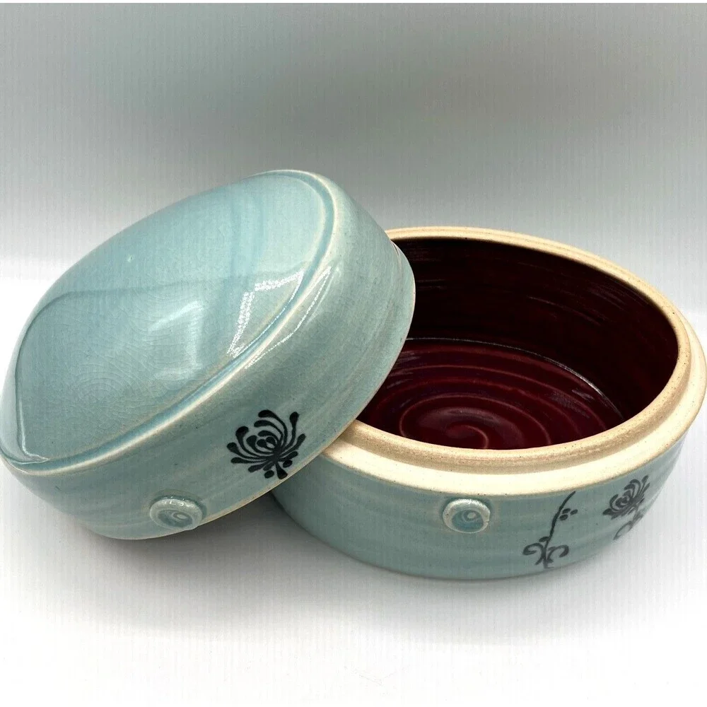 Covered Casserole Dish Oval Studio Art Pottery Aqua Blue Signed Marissa Unique